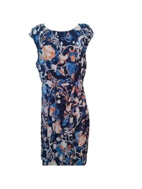 Dana Buchman Waist knot Sleeveless Dress, Blues/White/Peach, Size Large